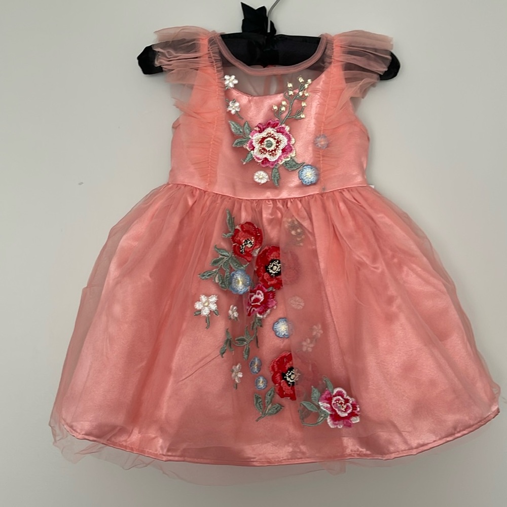 NWT TAHARI Girl Embroidered Sheer Satiny Peach Dress Kids Girls Size 2T